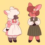  2girls animal_ears animal_nose apron back_bow bangs bell black_fur black_ribbon bloomers body_fur bow bowtie brown_fur brown_hair closed_mouth cowbell curly_hair deer_ears deer_girl dress english_commentary eye_contact flower frilled_apron frills from_side full_body furry furry_female green_dress hair_flower hair_ornament hands_up high_collar hooves juliet_sleeves legs_apart light_smile long_sleeves looking_at_another looking_to_the_side maid_apron medium_dress multiple_girls muted_color neck_bell neck_ribbon original own_hands_together pinafore_dress pink_dress pleated_dress profile puffy_long_sleeves puffy_sleeves red_bow red_bowtie ribbon rii_abrego sheep_ears sheep_girl short_hair signature simple_background sleeve_cuffs snout standing underwear white_apron white_bow white_hair yellow_background 