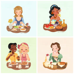  absurdres beauty_(fairy_tale_character) beauty_and_the_beast_(disney) beauty_and_the_beast_(fairy_tale) bell_jar belle_(disney) black_hair blonde_hair blue_dress blue_gem bonnet bread charlotte_la_bouff cinderella_(disney_character) cinderella_(disney_movie) closed_eyes coffee cup dark-skinned_female dark_skin disney disney_princess doughnut dress eating flower food fork fruit gem glass green_dress headband highres holding holding_bread holding_food holding_fork holding_jar holding_knife honey jar jasmine_(disney) knife monkey mouse_(animal) naco_oekaki princess rose table teacup teapot the_princess_and_the_frog_(disney) tiana_(the_princess_and_the_frog) vase watermelon watermelon_slice 