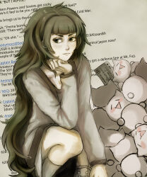  1girl 8tengyunohi absurdres blush commentary_request dress green_eyes green_hair grey_jacket highres hiyajou_maho jacket kneehighs lab_coat long_hair science_adventure smile socks steins;gate steins;gate_0 tengyunohi very_long_hair white_dress white_socks 