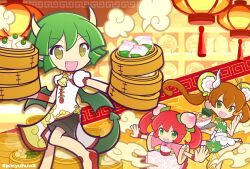  3girls alternate_costume ankleband apron bamboo_steamer black_shorts bowl broken_chopsticks brown_hair chinese_clothes chinese_spoon chopsticks cloud_print commentary_request draco_centauros draco_centauros_(teahouse) dragon_girl dragon_horns dragon_tail dragon_wings dress fang floral_print floral_print_dress food food_print fruit fruit_print green_dress green_eyes green_hair green_wings hair_ornament hair_stick hand_up high_heels holding holding_bamboo_steamer holding_plate horns kamaboko lantern long_hair looking_at_viewer meandros medium_hair momo_(puyopuyo) multicolored_dress multiple_girls narutomaki neck_tassel noodles official_alternate_costume official_style open_mouth outstretched_arms peach peach_print pimyuhuwa pink_dress plate pointy_ears print_dress puffy_short_sleeves puffy_sleeves puyopuyo puyopuyo_quest qipao ramen raomin_(puyopuyo) red_hair red_sash red_shoes sash shoes short_hair short_sleeves shorts side_slit sleeveless sleeveless_dress smile spoon_hair_ornament spread_arms standing standing_on_one_leg steam steaming_food tail tassel twintails twitter_username waist_apron white_apron white_dress wide_sleeves wings wristband yellow_eyes yellow_shoes 