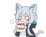 1girl animal_ear_fluff animal_ears arknights black_jacket blush_stickers cat_ears cat_girl cat_tail closed_mouth commentary cropped_torso dress english_commentary english_text flying_sweatdrops grey_dress grey_hair holding holding_sign hood hood_down hooded_jacket jacket kurotofu long_hair long_sleeves looking_at_viewer o_o open_clothes open_jacket rosmontis_(arknights) sign simple_background solo tail teardrop upper_body very_long_hair white_background 