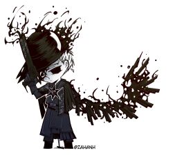 1non-binary 1other arm_behind_back belt black black_coat black_eyepatch black_eyes black_gloves black_pants black_wings coat e.g.o_(project_moon) eyepatch fiery_wings fire gijinka gun hat holding holding_gun holding_weapon hole_in_chest hole_on_body hollow_(e.g.o) hollow_eyes hollow_knight horns humanization knight_(hollow_knight) long_coat looking_at_viewer pale_skin pants project_moon short_hair solo tricorne white_hair zahanh