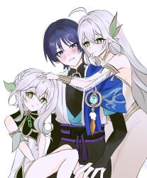 1boy 2girls ahoge anemo_symbol_(genshin_impact) arm_cutout armlet arms_at_sides belt between_legs black_belt black_bodysuit black_bow black_shorts blue_cape blue_gem blue_kimono blue_sleeves blunt_ends blush bodysuit bow bracelet braid breasts bright_pupils cape chest_markings clenched_hand clothing_cutout commentary_request cross-shaped_pupils detached_sleeves dress embarrassed feathers gem genshin_impact girl_sandwich gold gold_armlet gold_bracelet gold_trim green_eyes green_sleeves hair_between_eyes hair_ornament half_crown_braid hand_between_own_legs hand_up headpat hetero highres japanese_clothes jewelry juban kimono korean_commentary layered_sleeves leaf leaf_hair_ornament long_dress long_hair looking_at_another looking_at_viewer mandarin_collar multiple_girls nahida_(genshin_impact) neck_ring open_clothes open_kimono open_mouth parted_lips pointy_ears pom_pom_(clothes) purple_hair purple_rope purple_sash rope rukkhadevata_(genshin_impact) sandwiched sash scabu scaramouche_(genshin_impact) see-through_clothes see-through_sleeves short_dress short_sleeves shorts side_cape side_ponytail sideboob sidelocks sitting sitting_on_lap sitting_on_person smile split_mouth sweatdrop symbol-shaped_pupils tassel tsurime violet_eyes wanderer_(genshin_impact) wavy_mouth white_background white_dress white_hair white_kimono white_mouth white_pupils white_sleeves wispy_bangs wolf_cut yellow_feathers 