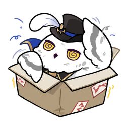  @_@ animal_focus bird box cardboard_box chibi chibi_only hat hat_feather honkai:_star_rail honkai_(series) in_box in_container no_humans official_art owl owlbert_(honkai:_star_rail) solo yellow_eyes 
