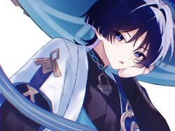  1boy arm_at_side armor bishounen black_bodysuit black_bridal_gauntlets blue_cape blue_kimono blue_sleeves blunt_ends bodysuit bridal_gauntlets cape choppy_bangs colored_inner_hair commentary eyeliner from_below genshin_impact gold hair_intakes hand_on_own_face hand_up japanese_armor japanese_clothes juban kimono kote kurokote layered_sleeves looking_at_viewer makeup male_focus mandarin_collar multicolored_hair open_clothes open_kimono open_mouth portrait purple_hair purple_rope red_eyeliner rope scaramouche_(genshin_impact) short_sleeves side_cape sidelighting solo tsurime violet_eyes wanderer_(genshin_impact) white_background white_kimono white_sleeves wolf_cut yupi_(xayaox) 