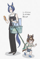  1girl 1other absurdres aged_down ahoge alternate_costume animal_ears backpack bag blue_eyes blue_hair bracelet brown_hair carrot cesario_(umamusume) child closed_mouth commentary_request diotima7878 epiphaneia_(umamusume) food full_body hair_between_eyes height_difference highres holding holding_carrot holding_food holding_leash holding_vegetable hood hood_down hoodie horse_ears horse_girl horse_tail jewelry leash looking_ahead looking_at_object mother_and_child multicolored_hair pants parent_and_child pulling shirt shoes shopping_basket short_hair short_sleeves shorts shoulder_bag smile socks standing struggling tail translation_request trembling umamusume umamusume_horse_relations vegetable veins veiny_arms violet_eyes walking white_hair 