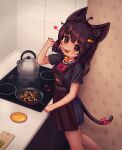  1girl absurdres animal_ears apron bell black_hair black_shirt brown_eyes cat_ears cat_girl cat_tail choker chopsticks cooking cutting_board eating frying_pan highres kettle kitchen loentar long_shirt looking_at_viewer medium_hair neck_bell orange_eyes original shirt short_sleeves shrimp stove tail 