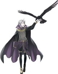 1boy 1other bird bird_on_hand black_boots black_cape black_pants book boots cape closed_eyes crow fire_emblem fire_emblem_awakening full_body henry_(fire_emblem) highres holding holding_book kozaki_yuusuke long_sleeves looking_at_another official_art open_mouth pants short_hair transparent_background white_hair 