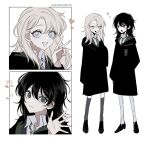  2girls :d albus_severus_potter arm_behind_back black_coat black_dress black_hair black_sweater blue_eyes character_name coat collared_shirt dress eye_contact genderswap genderswap_(mtf) green_eyes green_necktie grey_hair grey_thighhighs hand_up harry_potter_(series) harry_potter_and_the_cursed_child heart highres hogwarts_school_uniform kuimovi loafers long_hair long_sleeves looking_at_another looking_at_viewer medium_hair multiple_girls multiple_views musical_note necktie pantyhose school_uniform scorpius_malfoy shirt shoes simple_background slytherin smile sparkle standing star_(symbol) star_in_eye striped_necktie sweater symbol_in_eye thigh-highs v waving white_background white_pantyhose white_shirt 