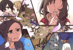  1boy 6+girls amasato_mina amasato_yuna andou_makoto ashuu_shizuku bench black_eyes black_hair blonde_hair blue_bow blue_shirt boro_(tn-boro) bow brown_hair can cherry_blossoms commentary_request habutae_nana highres himekawa_koyuki kishibe_souta long_hair mahou_shoujo_ikusei_keikaku mahou_shoujo_ikusei_keikaku_unmarked mokuou_sanae multiple_girls murota_tsubame petals pleated_skirt sakanagi_ayana sazanami_kano school_uniform shirt short_hair sitting skirt smile suit sweat yamamoto_naoko 