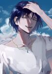  1boy arm_up blue_eyes blue_gemstone blue_hair blue_sky clouds cloudy_sky collarbone day earrings gem hair_between_eyes highres howl_no_ugoku_shiro jewelry looking_at_viewer male_focus necklace open_mouth outdoors single_earring sky solo sriokorr teeth upper_body 