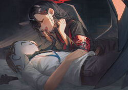  1boy 1girl armband betanonbeet black_choker black_hair black_sailor_collar black_serafuku black_wings blue_archive choker doodle_sensei_(blue_archive) feathered_wings hair_ornament hairclip halo highres ichika_(blue_archive) id_card long_hair looking_at_another low_wings lying neckerchief on_back on_stomach open_mouth red_armband red_halo red_neckerchief safety_pin sailor_collar school_uniform sensei_(blue_archive) serafuku shirt smile teeth upper_teeth_only white_shirt wings 