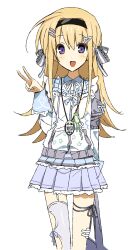  1girl :d ahoge alion_9715 alternate_costume asymmetrical_legwear bad_link black_hairband blush chaos;head clothing_request commentary cowboy_shot english_commentary gero-froggy hair_ornament hair_ribbon hairband hairclip highres light_blush long_hair miniskirt mismatched_legwear neck_ribbon nishijou_nanami open_mouth petticoat pleated_skirt purple_hair ribbon science_adventure single_thighhigh skirt smile solo tamagotchi thigh-highs tongue v very_long_hair white_ribbon white_thighhighs 