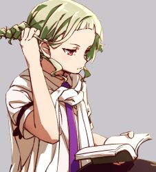  1girl book boro_(tn-boro) commentary_request green_hair grey_background holding holding_book magical_girl mahou_shoujo_ikusei_keikaku mahou_shoujo_ikusei_keikaku_aces monoshiri_micchan necktie purple_necktie reading red_eyes shirt short_hair table white_shirt 