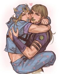 2boys absurdres arms_around_another's_back beanie blonde_hair blue_eyes blue_hoodie blue_lips blue_pants commentary english_commentary fingerless_gloves gloves green_eyes green_lips green_nails gyro_zeppeli hat highres hood hood_down hoodie horseshoe_hat_ornament horseshoe_ornament hug johnny_joestar jojo_no_kimyou_na_bouken leg_lock lipstick long_hair looking_at_another looking_at_viewer makeup male_focus medium_hair multiple_boys nail_polish pants purple_gloves purple_shirt shirt simple_background star_(symbol) steel_ball_run white_background yaoluena 