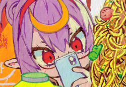 1girl cellphone check_commentary close-up commentary_request cropped elf eudetenis food glasses hair_between_eyes hairband holding holding_phone irisha_(eudetenis) long_hair long_pointy_ears original pasta phone pointy_ears portrait purple_hair red_eyes semi-rimless_eyewear sidelocks smartphone solo spaghetti taking_picture traditional_media 