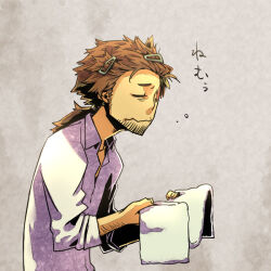  1boy arm_hair beard_stubble brown_hair closed_eyes closed_mouth commentary_request facial_hair grey_background hair_ornament hairclip holding holding_towel kamosiro350 long_sleeves low_ponytail male_focus medic_(sekaiju_4) medic_1_(sekaiju_4) messy_hair official_alternate_hair_color open_clothes open_shirt ponytail sekaiju_no_meikyuu sekaiju_no_meikyuu_4 shirt sleeves_rolled_up solo squeans stubble towel translation_request wavy_mouth white_shirt 