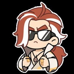  1boy adjusting_clothes animated animated_gif chibi chibi_only chinese_clothes chinian commentary english_commentary jewelry lowres male_focus multicolored_hair necklace official_art pectoral_cleavage pectorals ponytail red_hair simple_background solo sticker_(medium) streaked_hair sunglasses the_legend_of_luo_xiaohei two-tone_hair white_background white_hair 