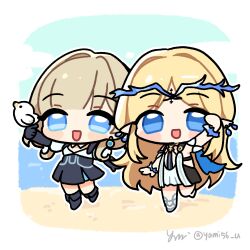  2girls absurdres adoptive_siblings arm_up bird bird_on_hand black_dress black_skirt blonde_hair blue_eyes cartethyia_(wuthering_waves) commentary_request dress earrings highres jewelry korean_commentary long_hair multiple_girls npc_(wuthering_waves) open_mouth parted_bangs pointy_ears siblings sisters skirt smile tabard tacet_mark_(wuthering_waves) twitter_username white_tabard wuthering_waves yami_(yami56_u) 