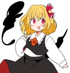  1girl ascot black_skirt black_vest blonde_hair blush collared_shirt hair_between_eyes hair_ribbon ini_(inunabe00) long_sleeves open_mouth red_ascot red_eyes red_ribbon ribbon rumia shirt short_hair simple_background skirt smile solo touhou vest white_background white_shirt 
