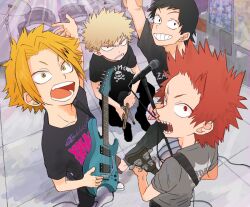  4boys akiyama_(noconoco) arm_up bakugou_katsuki black_hair black_pants black_shirt black_shoes blonde_hair boku_no_hero_academia clenched_teeth commentary_request crew_neck curtained_hair drum drum_set drumsticks electric_guitar grey_shirt grin guitar holding holding_drumsticks holding_instrument indoors instrument kaminari_denki kirishima_eijiro looking_to_the_side male_focus microphone_stand multicolored_hair multiple_boys open_mouth pants parted_bangs print_shirt red_eyes red_hair sero_hanta sharp_teeth shirt shoes short_hair sideways_glance sitting smile standing streaked_hair teeth tile_floor tiles v-shaped_eyebrows very_short_hair yellow_eyes 