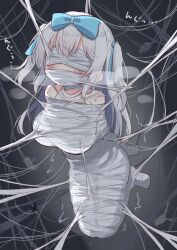  1girl bare_shoulders bdsm blush bondage bound highres long_hair miria_(mamamamave) mummification_(bound) original restrained ribbon silk spider_web white_hair 
