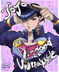  1boy anchor_symbol blue_eyes blue_hair border brushing_hair comb copyright_request diamond_wa_kudakenai ear_piercing earrings english_text eyelashes gakuran hand_on_own_head heart higashikata_josuke highres holding holding_comb ichigoberry_152 jewelry jojo_no_kimyou_na_bouken long_sleeves male_focus open_mouth peace_symbol piercing pompadour purple_background school_uniform solo standing stud_earrings watermark white_border 