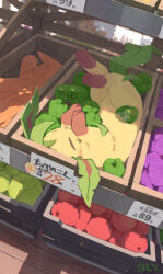  alt_text bell_pepper box carrot commentary english_commentary food green_bell_pepper leafeon lying no_humans olyester pokemon pokemon_(creature) pokemon_focus price_tag solo vegetable wooden_box 