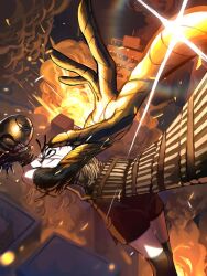  1girl apron black_skirt bomb_hybrid_(chainsaw_man) building chainsaw_man commentary_request dynamite explosion explosion_background explosive highres neck_ribbon no_eyes object_head object_on_head reze_(chainsaw_man) ribbon shirt skirt sleeveless sleeveless_shirt smoke snapping_fingers teeth thigh-highs transformation white_shirt youichi_(youuuuuuu1art) 