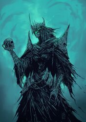  1other 2024 absurdres armor bone bracer chain crown eye_trail fantasy green_eyes highres holding holding_skull light_trail limited_palette original shoulder_armor skull solo theshah21 torn_clothes undead 