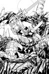  alex_milne comic_cover fighting golion_(mecha) greyscale holding holding_sword holding_weapon hyakujuu-ou_golion kaijuu lineart looking_down mecha monochrome no_humans official_art robot science_fiction super_robot sword voltron_(mecha) voltron_(series) weapon 