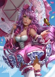  1girl angel_wings arm_garter blue_background bodice bow bug butterfly choker commentary cowboy_shot dear_dollie detached_sleeves english_commentary expressionless falling_leaves falling_petals fishnet_sleeves fishnets frilled_hairband frilled_skirt frilled_sleeves frilled_thighhighs frills green_eyes hairband highres holding holding_umbrella instagram_username leaf long_hair outstretched_hand parasol patreon_username petals pink_bow pink_choker pink_hair pink_skirt ribbon roblox royale_high signature skirt solo tan thigh-highs umbrella unicorn_horn very_long_hair whails white_ribbon white_thighhighs white_wings wings yellow_butterfly 