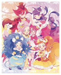  6+girls :p absurdres animal_ears animal_shoes arisugawa_himari artist_name belt_bag blue_eyes blue_hair boots cape cat_ears cat_girl cherry_earrings clothing_request commentary crown crown_earrings cure_chocolat cure_custard cure_gelato cure_macaron cure_parfait cure_whip diamond-shaped_earrings dog_ears dog_girl dot_nose dress earrings everyone eyelashes food-themed_clothes food-themed_earrings food-themed_hair_ornament frilled_skirt frills gloves green_eyes hair_ornament hat highres horse_ears horse_girl jewelry kenjou_akira kirahoshi_ciel kirakira_precure_a_la_mode kneeling kotozume_yukari lion_ears lion_girl lion_tail looking_at_viewer macaron_hair_ornament magical_girl mini_hat multiple_girls one_eye_closed open_mouth orange_eyes orange_hair paw_pose pink_boots pink_eyes pink_hair pleated_dress precure purple_hair qianxia_yell qr_code rabbit_ears rabbit_girl red_eyes red_hair skirt smile squirrel_ears squirrel_girl squirrel_tail standing tail tategami_aoi tongue tongue_out top_hat usami_ichika violet_eyes white_gloves 