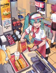 3girls :d ahoge aqua_eyes aqua_hair bag bare_legs behind big_mac blonde_hair bow brown_shoes burger cash_register character_name coca-cola cup cyan_eyes cyan_nail_polish disposable_cup drill_hair earnings fast_food fast_food_uniform food french_fries grey_jacket hair_between_eyes hair_in_eyes hair_ornament hamburger happy_meal hat hatsune_miku headphones headset holding holding_bag holding_food holding_french_fries kagamine_rin kasane_teto ketchup_packet kitchen long_hair mcdonald's mcdonald's_logo necktie open_mouth red_hair red_necktie red_trim shirt short_hair sidelocks teeth tongue tray twin_drills twintails utau very_long_hair vocaloid white_shirt white_socks