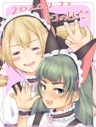  2022 2girls =_= animal_ears black_dress blonde_hair cat_day cat_ears claw_pose collar commentary_request dated dated_commentary dress drooling enmaided fake_animal_ears frilled_collar frills green_eyes green_hair hiyajou_maho in-franchise_crossover koujiro_frau long_hair maid maid_headdress mayqueen_maid_uniform multiple_girls nishizono_karin pinafore_dress robotics;notes science_adventure shirt sleeveless sleeveless_dress steins;gate steins;gate_0 translation_request two_side_up very_long_hair white_shirt 