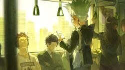  2girls 5boys absurdres asagiri_gen bag black_hair black_jacket brown_hair city closed_mouth commentary_request contemporary crossed_arms dr._stone earphones earphones headphones highres holding holding_phone ishigami_senkuu jacket korean_commentary looking_at_phone multiple_boys multiple_girls necktie phone poster_(object) potato_goril school_bag school_uniform shirt tall_hair train_interior white_shirt 