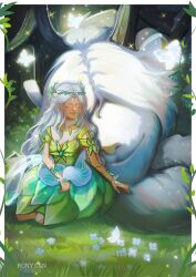  1girl artist_name behemoth_(infinity_nikki) blue_flower blue_gem border bracelet brooch bug butterfly circlet closed_mouth clothing_cutout collar colored_eyelashes commentary creature detached_collar dress english_commentary flower flower_dress forest forest_ripple_(infinity_nikki) frostbough_behemoth_(infinity_nikki) gem grass green_butterfly green_dress green_eyes hand_on_lap happy high_collar highres infinity_nikki jewelry kneeling light_particles lipstick long_hair looking_at_creature makeup medium_dress nature night nikki_(series) nostrils on_ground outdoors petting pillarboxed ronya_sanzoku short_sleeves shoulder_cutout smile sparkle very_long_hair watermark wavy_hair white_border white_collar white_hair 