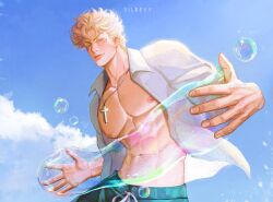  1boy abs absurdres artist_name battle_tendency blonde_hair blue_sky bubble caesar_anthonio_zeppeli clouds collared_shirt cross cross_necklace facial_mark green_eyes green_swim_trunks hamon_(jojo) highres jewelry jojo_no_kimyou_na_bouken looking_at_viewer male_focus navel necklace nipples open_clothes open_shirt shirt short_hair silrevv sky soap_bubbles solo standing watermark white_shirt 