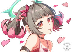  1girl :3 absurdres alternate_costume bare_shoulders black_choker black_hair bow choker collarbone commentary_request deso_malise green_halo hair_bow hair_ornament halo heart highres looking_at_viewer multicolored_hair nangong_yu nangong_yu_(heartfelt_support) official_alternate_costume pink_hair pink_shirt portrait red_eyes shirt simple_background solo tongue tongue_out twintails watermark white_background zenless_zone_zero 