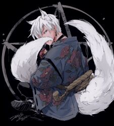  1boy animal_ears bad_id bad_tumblr_id black_background candy_apple character_request copyright_request covered_mouth earrings floral_print food fox_boy fox_ears fox_tail from_behind grey_hair half-closed_eyes highres ikapnmn2 jewelry long_hair looking_at_viewer male_focus rope short_hair simple_background sitting solo tail very_long_hair yellow_eyes 