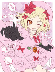  1girl beret blonde_hair blush bow candy checkered_background commentary doughnut dress elbow_gloves food frills gem gloves hair_bow hair_ornament hat lambdadelta orange_eyes pearl pink_dress pink_hat pumpkin red_eyes short_hair smile solo tongue tongue_out umibenokurage umineko_no_naku_koro_ni 