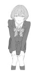  1girl akebi-chan_no_serafuku bangs blazer blush bow bowtie collared_shirt feet_out_of_frame greyscale hands_on_own_thighs highres jacket kona_ming leaning_forward long_sleeves looking_at_viewer minakami_riri monochrome open_mouth pleated_skirt roubai_academy_school_uniform_(new) school_uniform shirt short_sleeves skirt smile socks solo standing striped striped_bow striped_bowtie teeth 