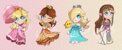  4girls :d ;d argyle_background arm_up armor blonde_hair blue_dress blue_eyes brooch brown_hair chibi chibi_only closed_mouth commentary_request crown dress earrings elbow_gloves english_commentary flower_brooch flower_earrings full_body gloves hair_between_eyes hair_over_one_eye high_heels highres holding holding_sword holding_umbrella holding_wand holding_weapon jewelry long_hair long_sleeves looking_at_viewer luma_(mario) mitsuchiis multiple_girls off-shoulder_dress off_shoulder one_eye_closed open_mouth orange_dress orange_shoes parasol pink_dress pink_shoes pink_umbrella pointy_ears princess_daisy princess_peach princess_zelda puffy_short_sleeves puffy_sleeves rosalina sample_watermark shoes short_sleeves shoulder_armor smile sphere_earrings star_(symbol) star_brooch star_earrings super_mario_bros. sword the_legend_of_zelda the_legend_of_zelda:_twilight_princess tiara umbrella wand watermark weapon white_dress white_gloves white_shoes 