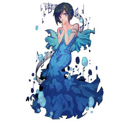  1girl air_bubble aldnoah.zero alternate_costume amifumi_inko andersen's_fairy_tales armlet beamed_eighth_notes black_hair blue_dress bubble chino_kawashiku cosplay dress eighth_note flat_sign full_body gown hair_ornament jewelry long_dress mermaid_dress musical_note musical_note_hair_ornament musical_staff own_hands_together short_hair strapless strapless_dress the_little_mermaid_(andersen) the_little_mermaid_(andersen)_(cosplay) underwater violet_eyes 