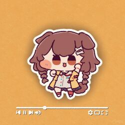  1girl :3 :d ameya_(kappadoll) animal_ears blush_stickers bone_hair_ornament braid brown_eyes brown_hair chibi chibi_only commentary_request dog_ears dog_girl dog_tail dress full_body hair_ornament hands_up highres hololive inugami_korone jacket long_hair looking_at_viewer media_player_interface open_clothes open_jacket open_mouth outline simple_background smile solo standing tail twin_braids virtual_youtuber white_dress white_outline yellow_background yellow_jacket 