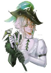  1girl androgynous artist_name asymmetrical_gloves black_eyeliner black_garter black_gloves black_hat black_jacket braid brooch cane collared_shirt commentary cropped_torso crossdressing crossdressing_(ftm) eyeliner feathers fur-trimmed_jacket fur-trimmed_shirt fur_trim gem gloves green_gem grey_eyes hair_between_eyes hat hat_feather high_collar highres holding holding_cane infinity_nikki jacket jewelry juliet_sleeves lipstick long_hair long_sleeves looking_to_the_side makeup mascara mismatched_gloves multicolored_jacket nikki_(series) nostrils parted_bangs parted_lips pirate_hat puffy_sleeves ribbon-trimmed_shirt ribbon_trim ronya_sanzoku shirt simple_background single_braid sleeve_garter sleeves_past_wrists solo split-color_clothes steps_against_order_(infinity_nikki) two-tone_jacket untranslatable_commentary v-neck watermark white_background white_gloves white_hair white_jacket white_lips white_shirt 