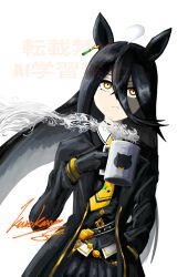  1girl :< ahoge animal_print black_coat black_gloves black_hair black_shirt cat_print closed_mouth coat collared_shirt commentary_request crossed_bangs cup ear_ornament ear_tag earrings gloves hair_between_eyes hand_up hem_peeking_out holding holding_cup jewelry long_hair long_hair_between_eyes long_sleeves manhattan_cafe_(umamusume) mug multicolored_hair open_clothes open_coat pleated_skirt shirt simple_background single_earring skirt solo steam steaming_cup umamusume user_dhuv7377 very_long_hair white_background white_hair white_shirt yellow_eyes 