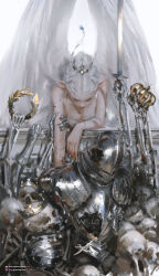  1boy 1girl armor artist_name bare_shoulders commentary copyright_name cross cross_earrings crown earrings english_commentary full_armor ghostblade grabbing_another's_arm gumroad_logo gumroad_username highres holding holding_crown holding_sword holding_weapon jewelry knight laurel_crown long_pointy_ears looking_at_another looking_down necklace paid_reward_available pale_skin parted_hair patreon_logo patreon_username pointy_ears red_lips skeleton skull sword weapon web_address white_wings wings wlop 