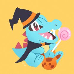  bowl candy clothed_pokemon commentary_request food halloween hat highres lollipop open_mouth orange_background pikachu pokemon pokemon_(creature) pokemon_focus ririko_(nagareboshi) sharp_teeth sitting smile solo teeth totodile witch_hat 