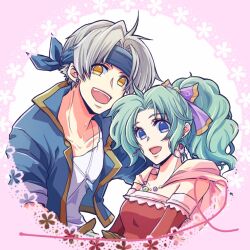  1boy 1girl :d ayana_(iqaw5cfohvdtver) blue_eyes blue_headband blue_jacket breasts cape commentary_request detached_sleeves dress earrings final_fantasy final_fantasy_vi green_hair grey_hair hair_ribbon headband heart jacket jewelry locke_cole long_hair looking_at_viewer medium_breasts necklace open_clothes open_jacket open_mouth ponytail purple_ribbon red_dress ribbon shirt short_hair smile teeth terra_branford upper_body upper_teeth_only white_shirt yellow_cape yellow_eyes 